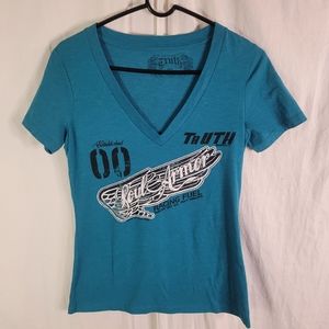 Truth soul armor womens v neck tee shirt made in USA size large in blue